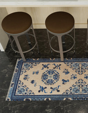 Ivory and Blue 2' x 8' Boutique Runner Area Rug Chenille Polyester Cotton Traditional Oriental Inspired Classical Carpet for Living Rooms Dining Office Space Interior Design for Sale at Rug Engine