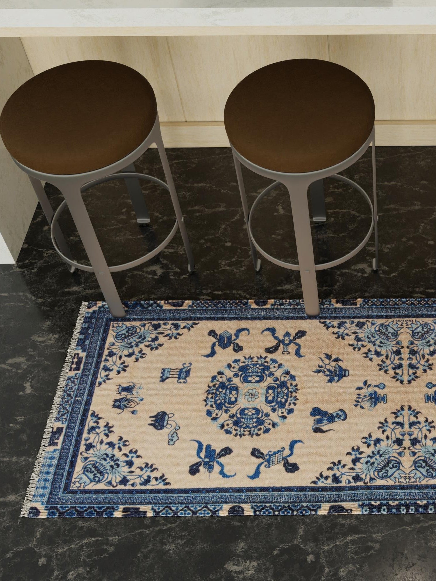 Ivory and Blue 2' x 5' 1 Boutique Runner Area Rug Chenille Polyester Cotton Traditional Oriental Inspired Classical Carpet for Living Rooms Dining Office Space Interior Design for Sale at Rug Engine