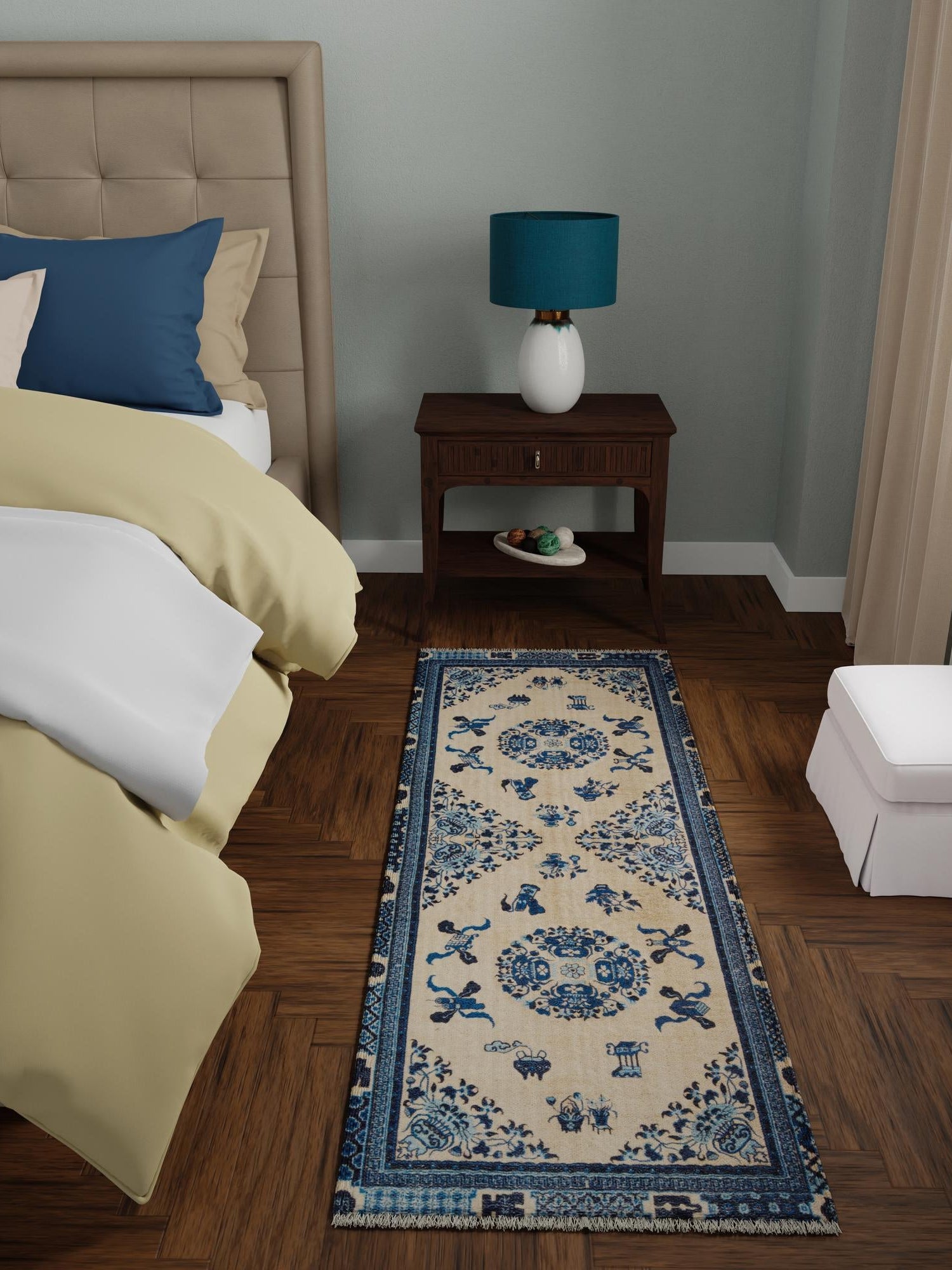 Ivory and Blue 2' x 5' 1 Boutique Runner Area Rug Chenille Polyester Cotton Traditional Oriental Inspired Classical Carpet for Living Rooms Dining Office Space Interior Design for Sale at Rug Engine