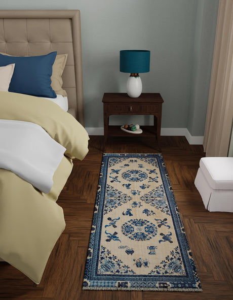 Ivory and Blue 2' x 5' 1 Boutique Runner Area Rug Chenille Polyester Cotton Traditional Oriental Inspired Classical Carpet for Living Rooms Dining Office Space Interior Design for Sale at Rug Engine