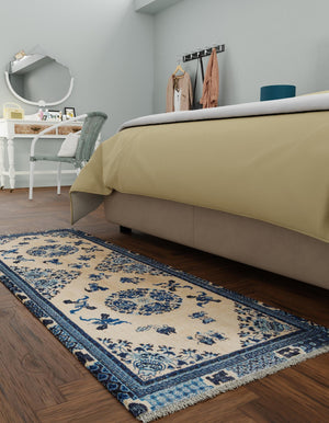 Ivory and Blue 2' x 6' 1 Boutique Runner Area Rug Chenille Polyester Cotton Traditional Oriental Inspired Classical Carpet for Living Rooms Dining Office Space Interior Design for Sale at Rug Engine
