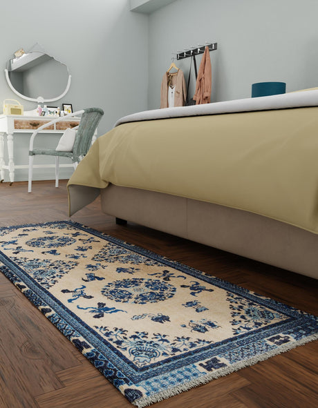 Ivory and Blue 3' 3 x 11' 10 Boutique Runner Area Rug Chenille Polyester Cotton Traditional Oriental Inspired Classical Carpet for Living Rooms Dining Office Space Interior Design for Sale at Rug Engine