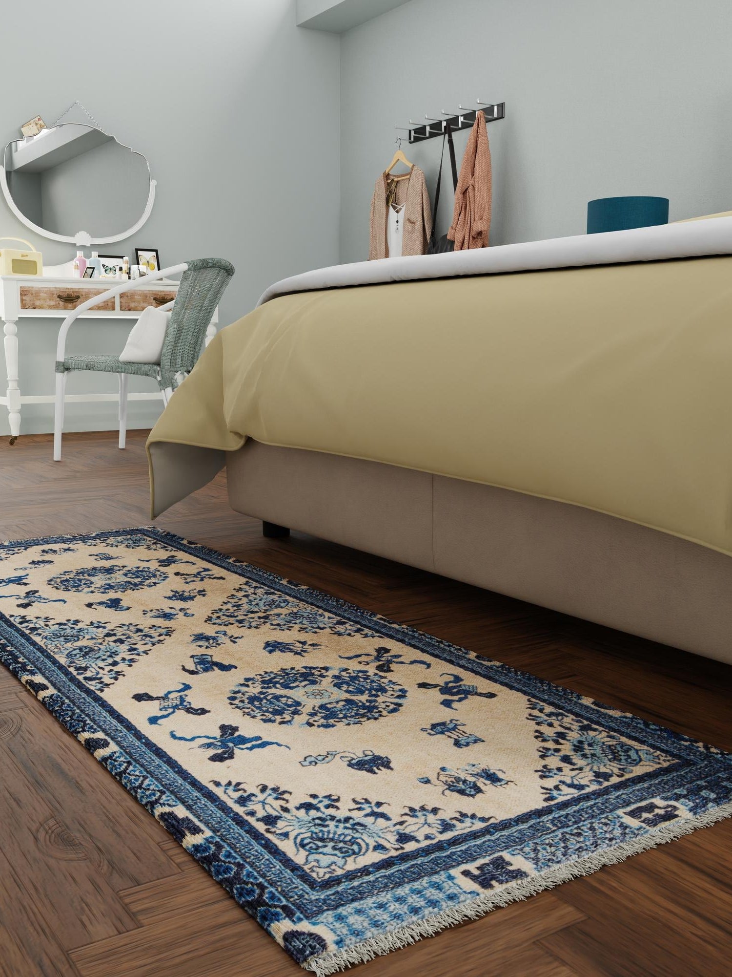 Ivory and Blue 2' x 8' Boutique Runner Area Rug Chenille Polyester Cotton Traditional Oriental Inspired Classical Carpet for Living Rooms Dining Office Space Interior Design for Sale at Rug Engine