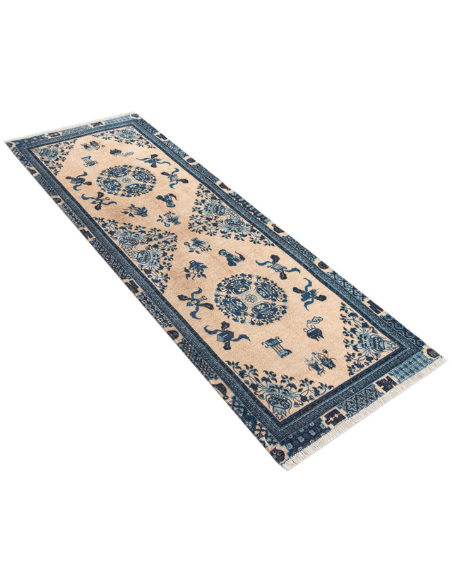 Ivory and Blue 2' x 6' 1 Boutique Runner Area Rug Chenille Polyester Cotton Traditional Oriental Inspired Classical Carpet for Living Rooms Dining Office Space Interior Design for Sale at Rug Engine