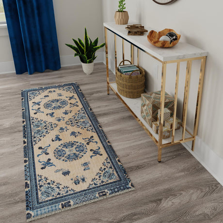 Ivory and Blue 2' x 6' 1 Boutique Runner Area Rug Chenille Polyester Cotton Traditional Oriental Inspired Classical Carpet for Living Rooms Dining Office Space Interior Design for Sale at Rug Engine