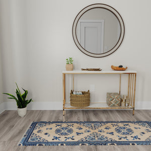 Ivory and Blue 2' x 6' 1 Boutique Runner Area Rug Chenille Polyester Cotton Traditional Oriental Inspired Classical Carpet for Living Rooms Dining Office Space Interior Design for Sale at Rug Engine