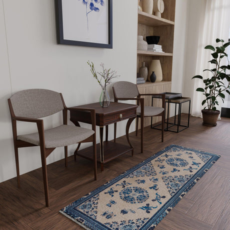 Ivory and Blue 2' x 6' 1 Boutique Runner Area Rug Chenille Polyester Cotton Traditional Oriental Inspired Classical Carpet for Living Rooms Dining Office Space Interior Design for Sale at Rug Engine