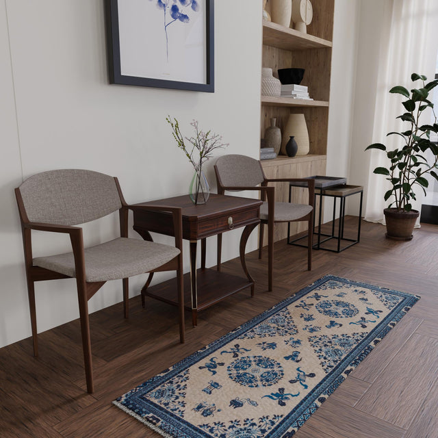 Ivory and Blue 2' x 6' 1 Boutique Runner Area Rug Chenille Polyester Cotton Traditional Oriental Inspired Classical Carpet for Living Rooms Dining Office Space Interior Design for Sale at Rug Engine