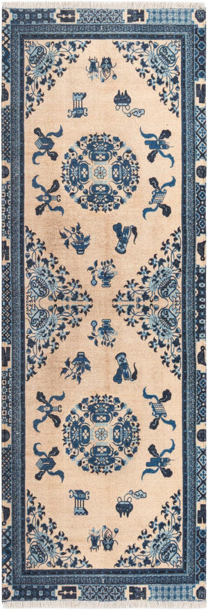 Ivory and Blue 2' x 6' 1 Boutique Runner Area Rug Chenille Polyester Cotton Traditional Oriental Inspired Classical Carpet for Living Rooms Dining Office Space Interior Design for Sale at Rug Engine