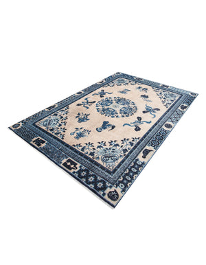 Ivory and Blue 6' 1 x 9' Boutique Rectangle Area Rug Chenille Polyester Cotton Traditional Oriental Inspired Classical Carpet for Living Rooms Dining Office Space Interior Design for Sale at Rug Engine