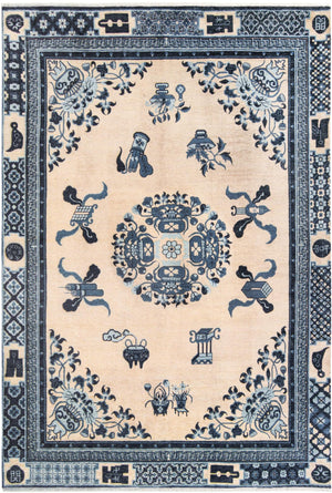 Ivory and Blue 6' 1 x 9' Boutique Rectangle Area Rug Chenille Polyester Cotton Traditional Oriental Inspired Classical Carpet for Living Rooms Dining Office Space Interior Design for Sale at Rug Engine