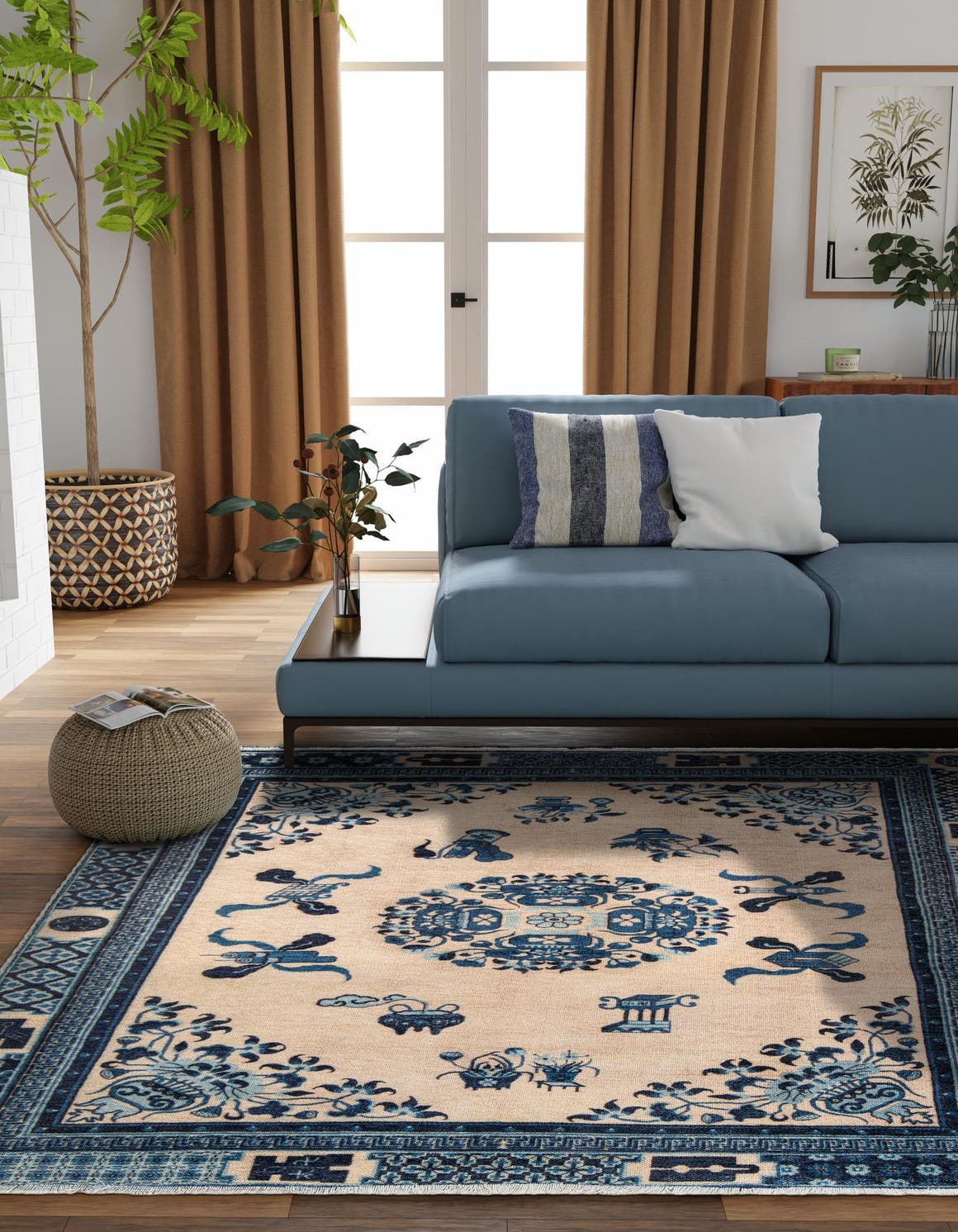 Ivory and Blue 5' 1 x 5' 1 Boutique Square Area Rug Chenille Polyester Cotton Traditional Oriental Inspired Classical Carpet for Living Rooms Dining Office Space Interior Design for Sale at Rug Engine