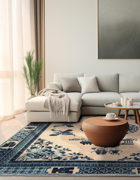 Ivory and Blue 5' 1 x 5' 1 Boutique Square Area Rug Chenille Polyester Cotton Traditional Oriental Inspired Classical Carpet for Living Rooms Dining Office Space Interior Design for Sale at Rug Engine