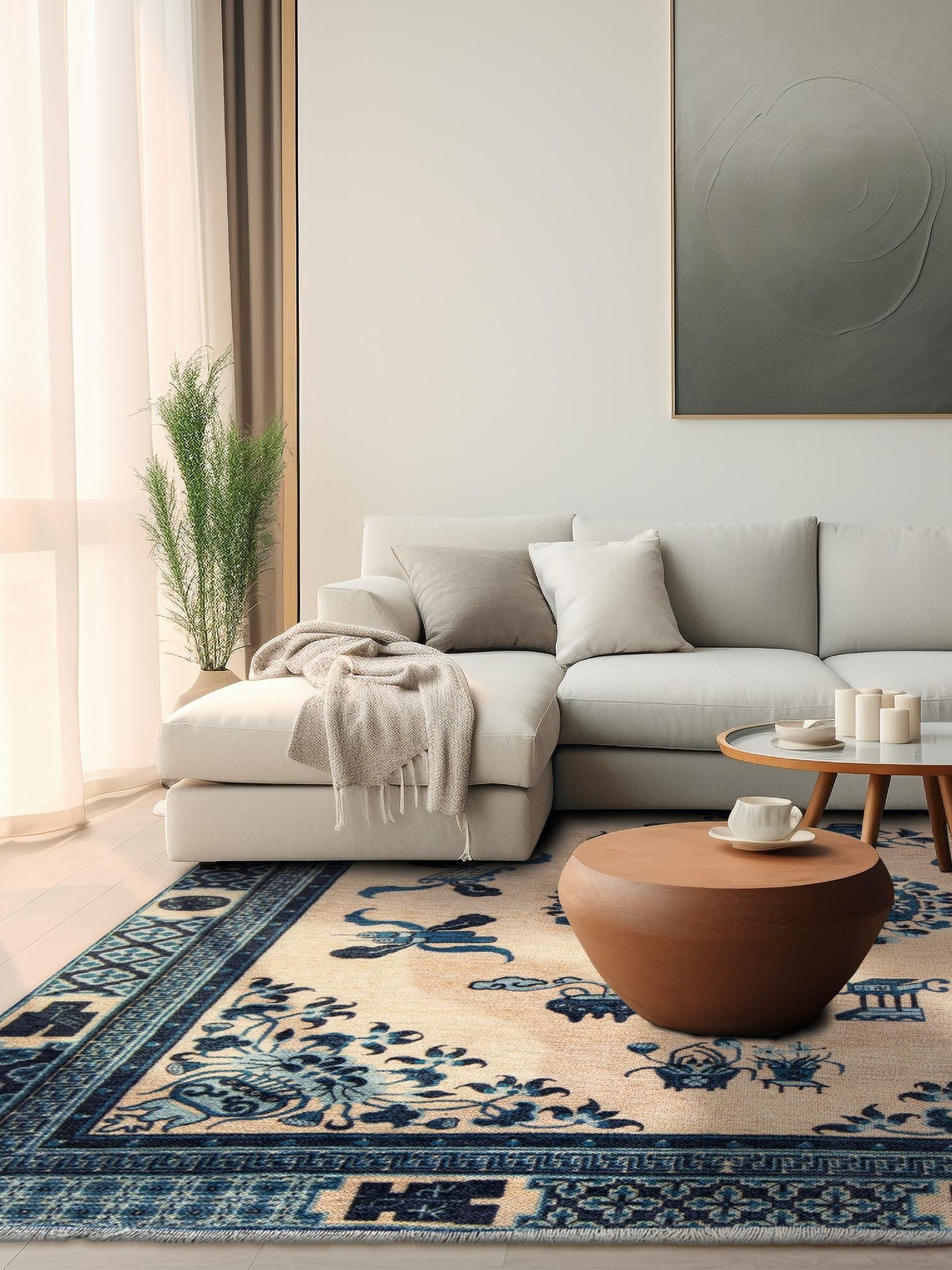 Ivory and Blue 7' 9 x 7' 9 Boutique Square Area Rug Chenille Polyester Cotton Traditional Oriental Inspired Classical Carpet for Living Rooms Dining Office Space Interior Design for Sale at Rug Engine