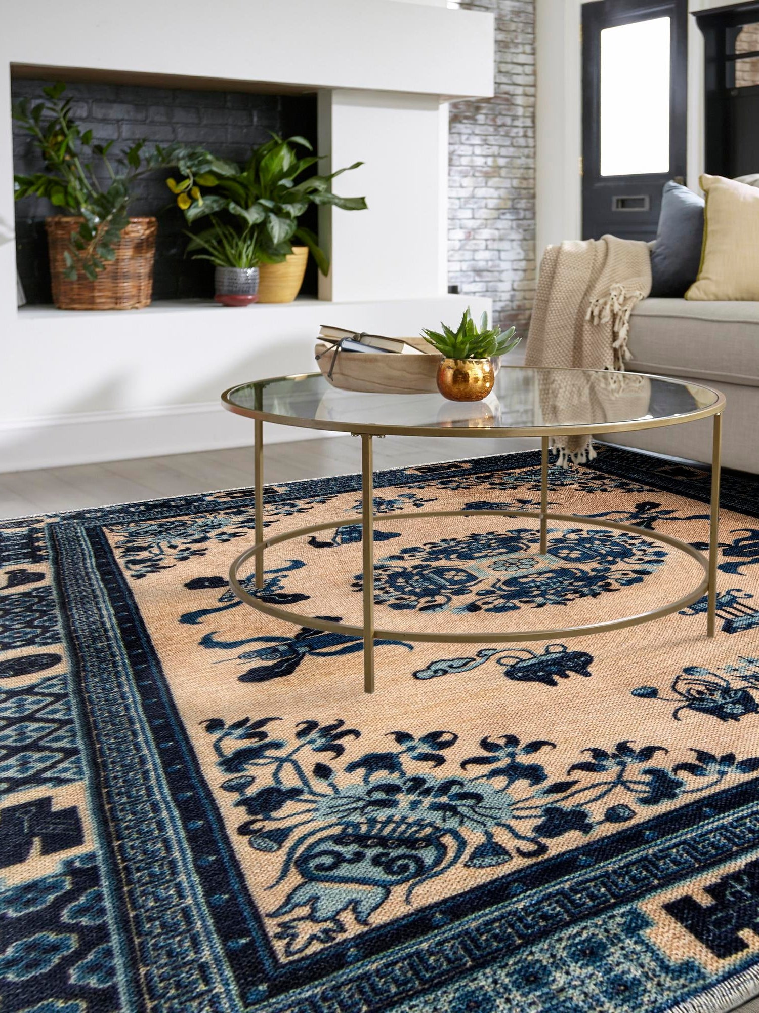 Ivory and Blue 7' 9 x 7' 9 Boutique Square Area Rug Chenille Polyester Cotton Traditional Oriental Inspired Classical Carpet for Living Rooms Dining Office Space Interior Design for Sale at Rug Engine