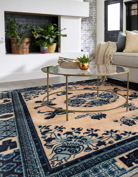 Ivory and Blue 7' 9 x 7' 9 Boutique Square Area Rug Chenille Polyester Cotton Traditional Oriental Inspired Classical Carpet for Living Rooms Dining Office Space Interior Design for Sale at Rug Engine