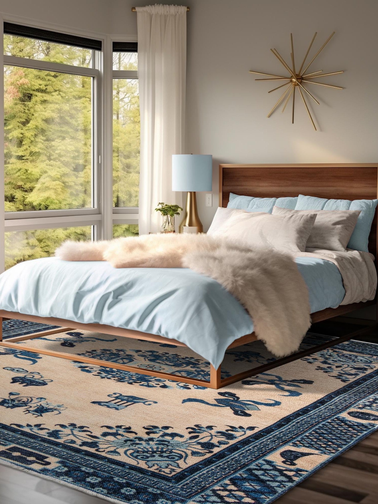Ivory and Blue 7' 9 x 7' 9 Boutique Square Area Rug Chenille Polyester Cotton Traditional Oriental Inspired Classical Carpet for Living Rooms Dining Office Space Interior Design for Sale at Rug Engine