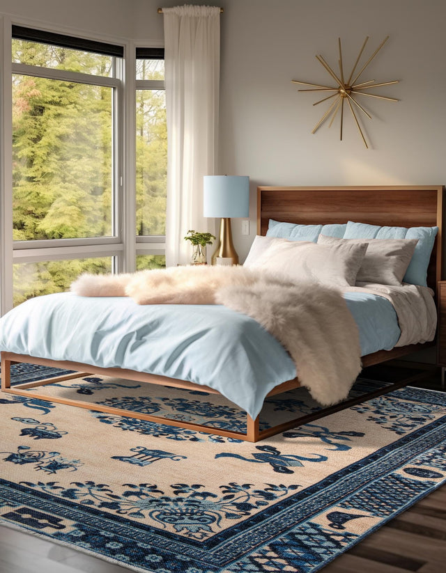 Ivory and Blue 7' 9 x 7' 9 Boutique Square Area Rug Chenille Polyester Cotton Traditional Oriental Inspired Classical Carpet for Living Rooms Dining Office Space Interior Design for Sale at Rug Engine