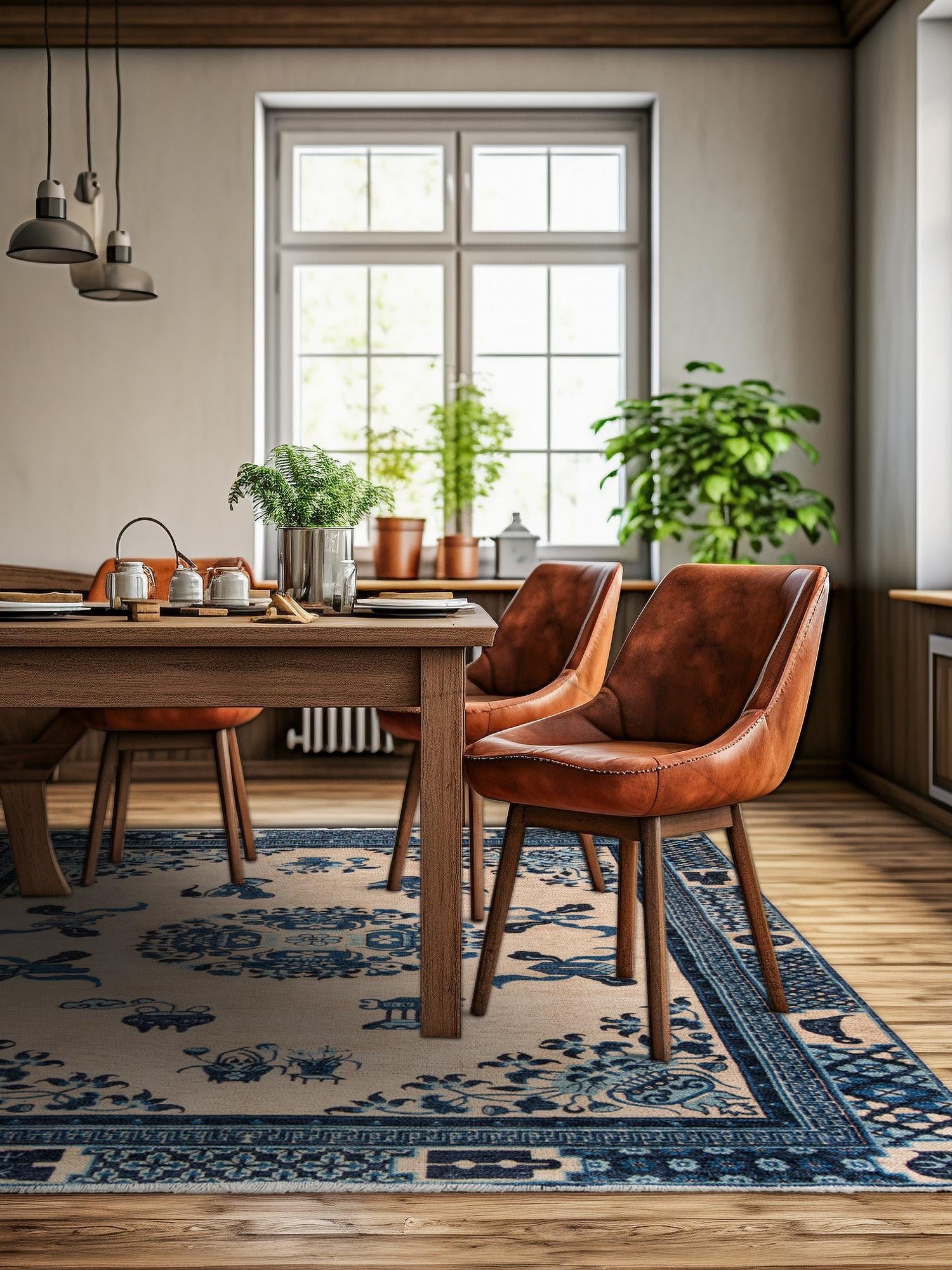 Ivory and Blue 7' 9 x 7' 9 Boutique Square Area Rug Chenille Polyester Cotton Traditional Oriental Inspired Classical Carpet for Living Rooms Dining Office Space Interior Design for Sale at Rug Engine