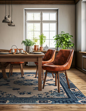 Ivory and Blue 7' 9 x 7' 9 Boutique Square Area Rug Chenille Polyester Cotton Traditional Oriental Inspired Classical Carpet for Living Rooms Dining Office Space Interior Design for Sale at Rug Engine