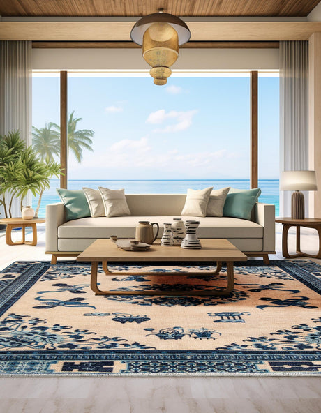 Ivory and Blue 5' 1 x 5' 1 Boutique Square Area Rug Chenille Polyester Cotton Traditional Oriental Inspired Classical Carpet for Living Rooms Dining Office Space Interior Design for Sale at Rug Engine