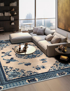 Ivory and Blue 7' 9 x 7' 9 Boutique Square Area Rug Chenille Polyester Cotton Traditional Oriental Inspired Classical Carpet for Living Rooms Dining Office Space Interior Design for Sale at Rug Engine