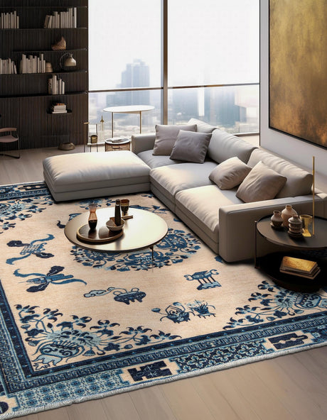 Ivory and Blue 7' 9 x 7' 9 Boutique Square Area Rug Chenille Polyester Cotton Traditional Oriental Inspired Classical Carpet for Living Rooms Dining Office Space Interior Design for Sale at Rug Engine