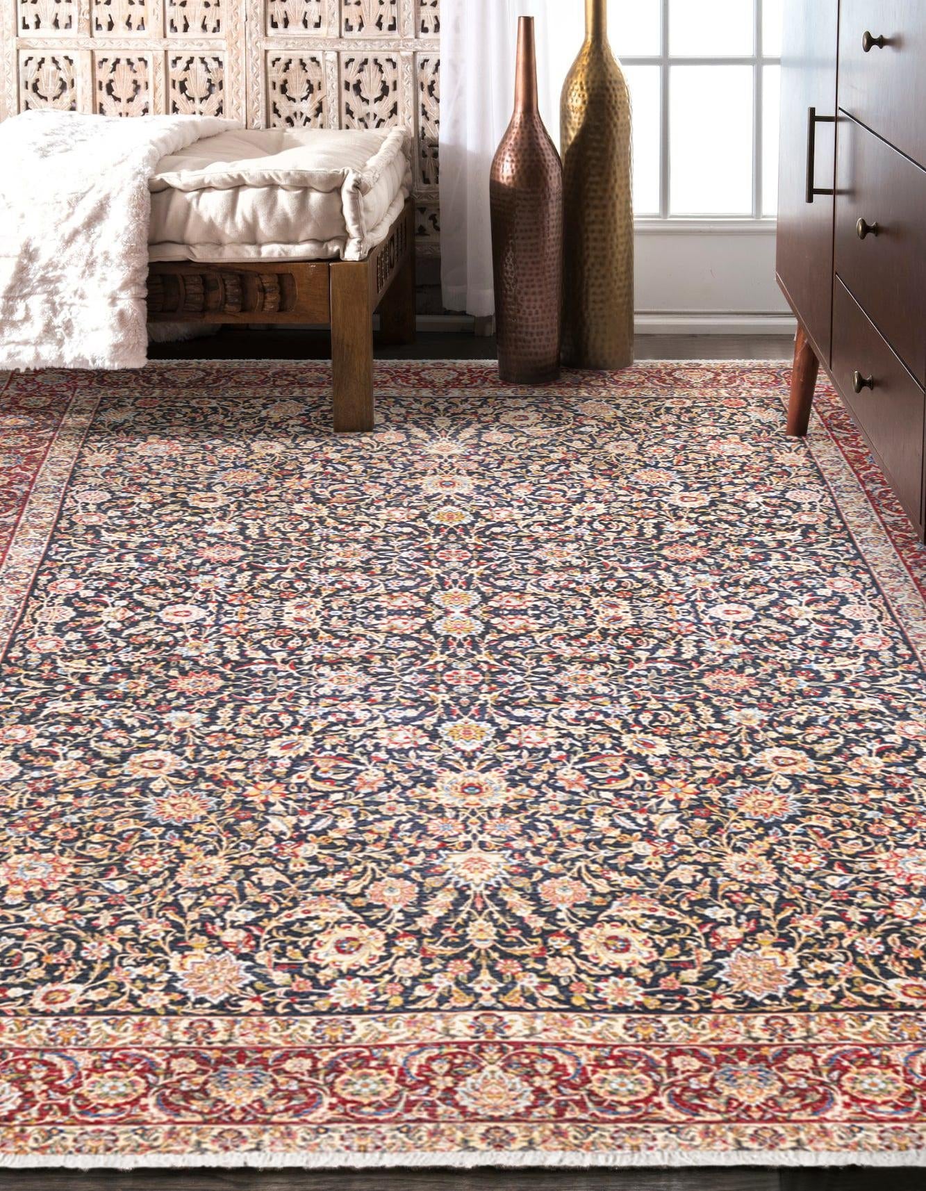 Navy Blue 9' x 11' 10 Boutique Rectangle Area Rug Chenille Polyester Cotton Traditional Oriental Inspired Classical Carpet for Living Rooms Dining Office Space Interior Design for Sale at Rug Engine
