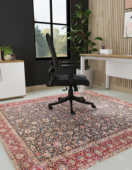 Navy Blue 7' 9 x 7' 9 Boutique Square Area Rug Chenille Polyester Cotton Traditional Oriental Inspired Classical Carpet for Living Rooms Dining Office Space Interior Design for Sale at Rug Engine