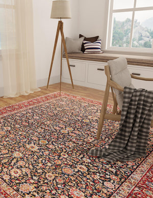 Navy Blue 7' 9 x 7' 9 Boutique Square Area Rug Chenille Polyester Cotton Traditional Oriental Inspired Classical Carpet for Living Rooms Dining Office Space Interior Design for Sale at Rug Engine