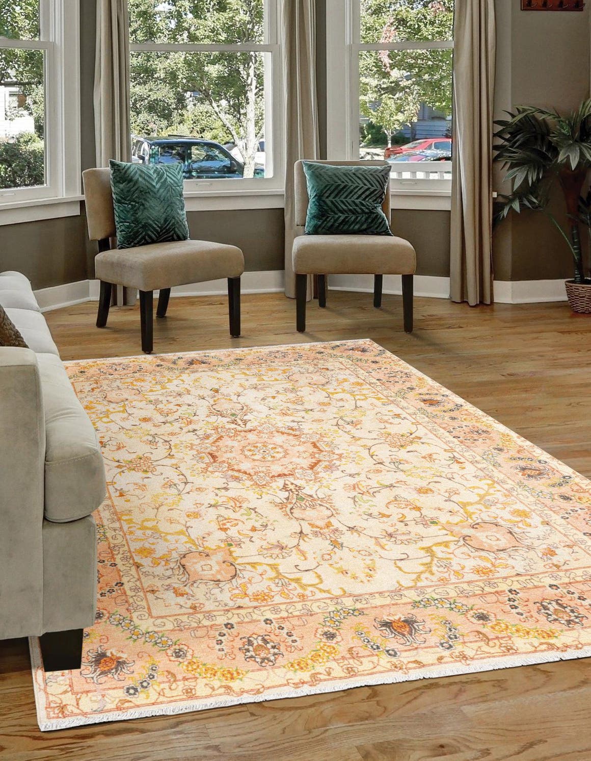 Ivory and Gold 5' 1 x 7' 10 Boutique Rectangle Area Rug Chenille Polyester Cotton Traditional Oriental Inspired Classical Carpet for Living Rooms Dining Office Space Interior Design for Sale at Rug Engine