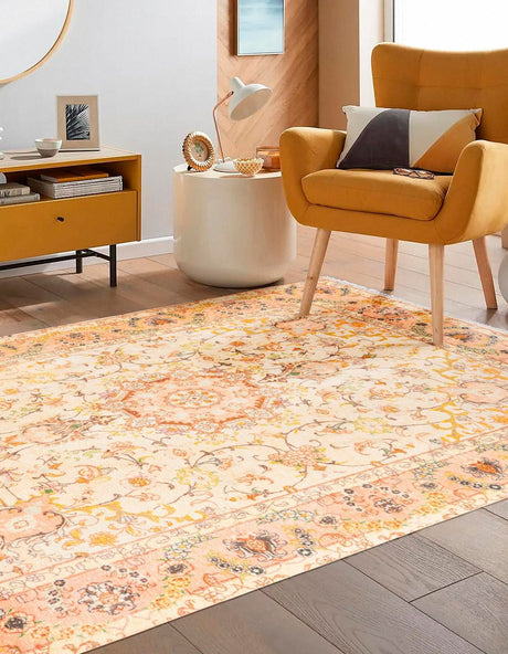 Ivory and Gold 9' x 11' 10 Boutique Rectangle Area Rug Chenille Polyester Cotton Traditional Oriental Inspired Classical Carpet for Living Rooms Dining Office Space Interior Design for Sale at Rug Engine