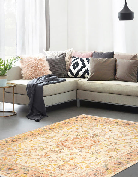 Ivory and Gold 7' 10 x 10' Boutique Rectangle Area Rug Chenille Polyester Cotton Traditional Oriental Inspired Classical Carpet for Living Rooms Dining Office Space Interior Design for Sale at Rug Engine