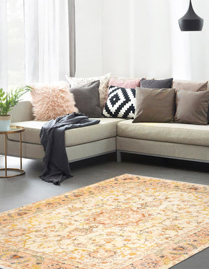 Ivory and Gold 5' 1 x 7' 10 Boutique Rectangle Area Rug Chenille Polyester Cotton Traditional Oriental Inspired Classical Carpet for Living Rooms Dining Office Space Interior Design for Sale at Rug Engine
