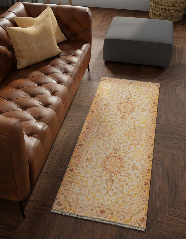 Ivory and Gold 2' x 8' Boutique Runner Area Rug Chenille Polyester Cotton Traditional Oriental Inspired Classical Carpet for Living Rooms Dining Office Space Interior Design for Sale at Rug Engine