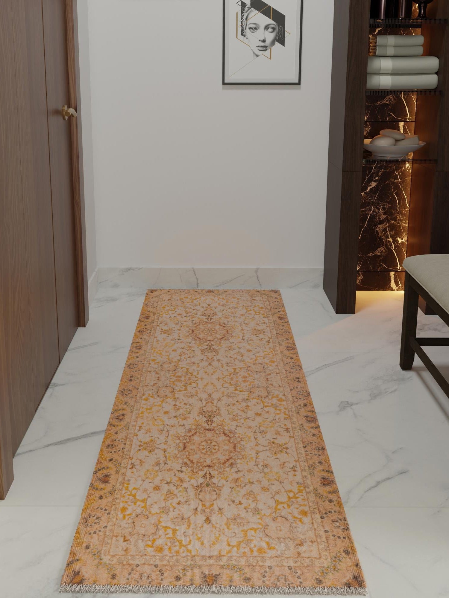 Ivory and Gold 2' x 8' Boutique Runner Area Rug Chenille Polyester Cotton Traditional Oriental Inspired Classical Carpet for Living Rooms Dining Office Space Interior Design for Sale at Rug Engine