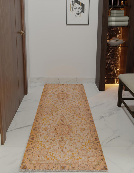 Ivory and Gold 2' x 8' Boutique Runner Area Rug Chenille Polyester Cotton Traditional Oriental Inspired Classical Carpet for Living Rooms Dining Office Space Interior Design for Sale at Rug Engine