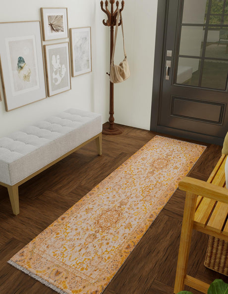 Ivory and Gold 2' x 8' Boutique Runner Area Rug Chenille Polyester Cotton Traditional Oriental Inspired Classical Carpet for Living Rooms Dining Office Space Interior Design for Sale at Rug Engine