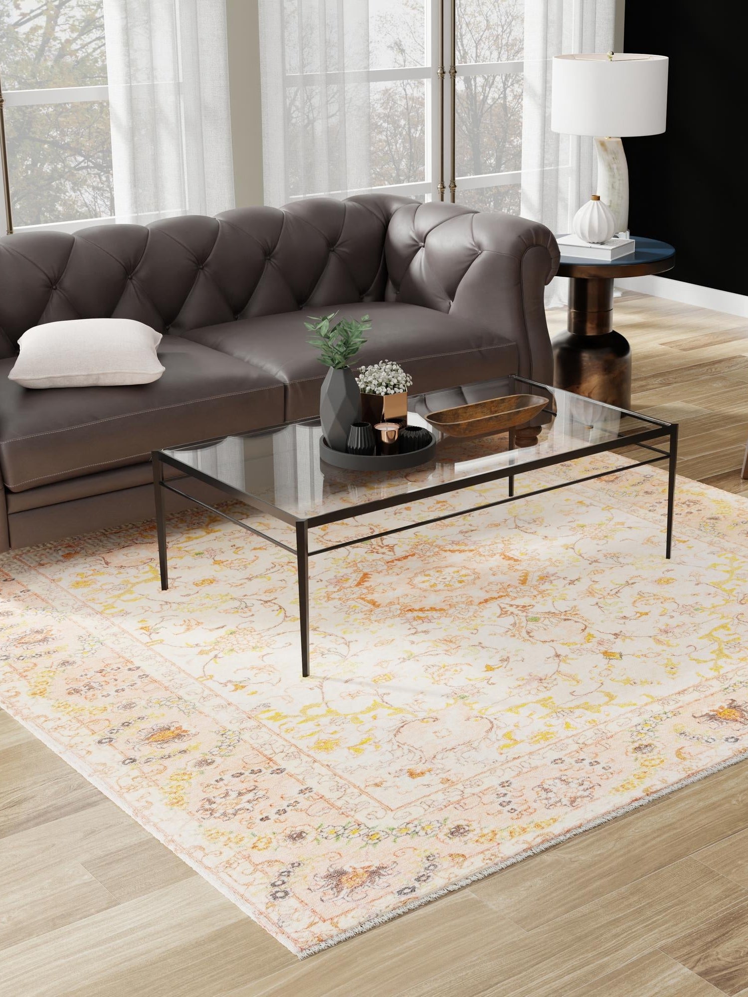 Ivory and Gold 5' 1 x 5' 1 Boutique Square Area Rug Chenille Polyester Cotton Traditional Oriental Inspired Classical Carpet for Living Rooms Dining Office Space Interior Design for Sale at Rug Engine
