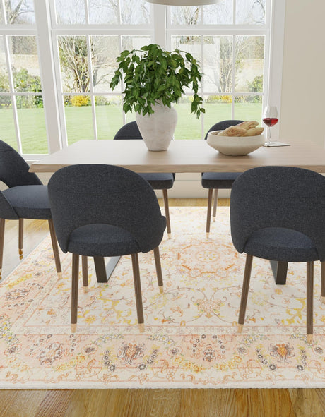 Ivory and Gold 5' 1 x 5' 1 Boutique Square Area Rug Chenille Polyester Cotton Traditional Oriental Inspired Classical Carpet for Living Rooms Dining Office Space Interior Design for Sale at Rug Engine