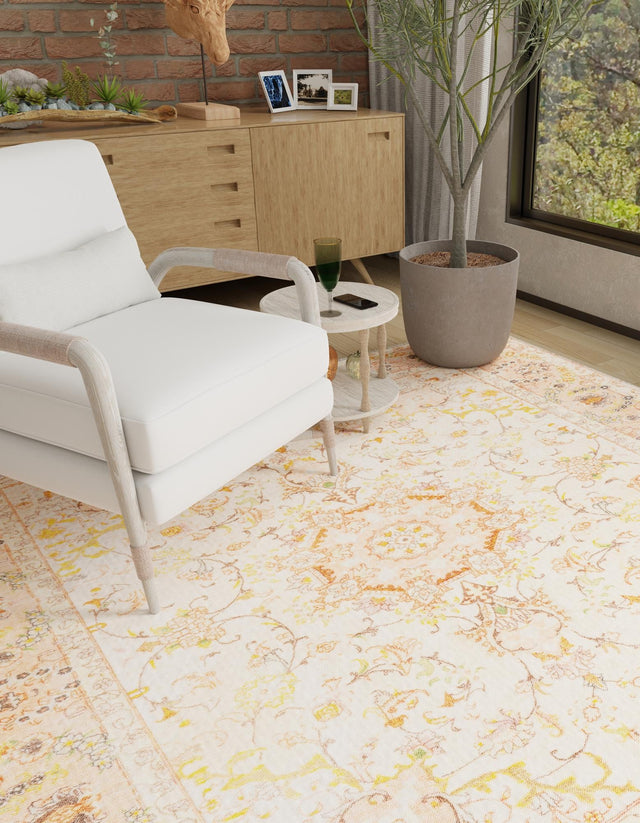 Ivory and Gold 5' 1 x 5' 1 Boutique Square Area Rug Chenille Polyester Cotton Traditional Oriental Inspired Classical Carpet for Living Rooms Dining Office Space Interior Design for Sale at Rug Engine