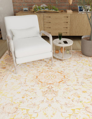Ivory and Gold 7' 9 x 7' 9 Boutique Square Area Rug Chenille Polyester Cotton Traditional Oriental Inspired Classical Carpet for Living Rooms Dining Office Space Interior Design for Sale at Rug Engine