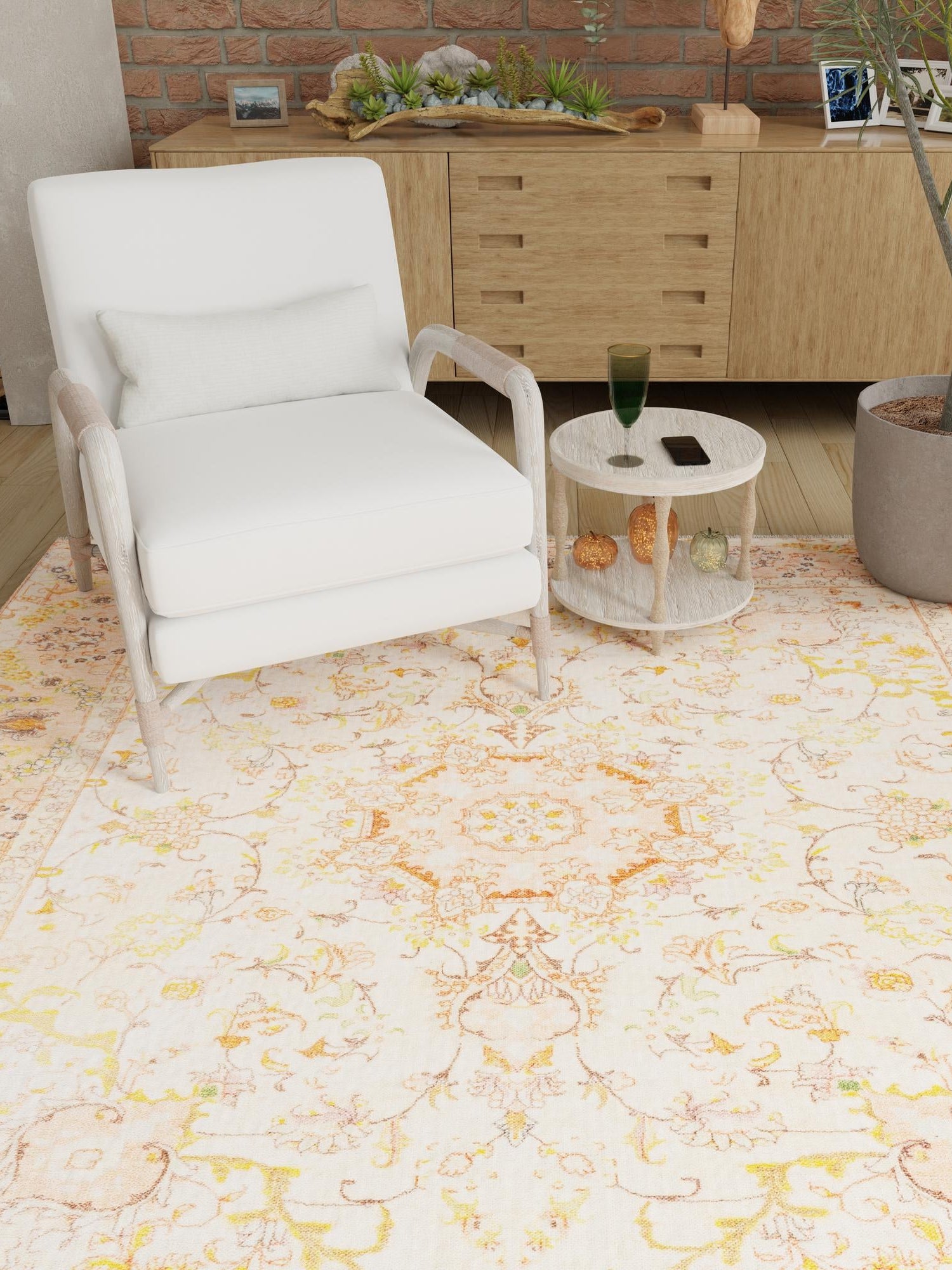 Ivory and Gold 5' 1 x 5' 1 Boutique Square Area Rug Chenille Polyester Cotton Traditional Oriental Inspired Classical Carpet for Living Rooms Dining Office Space Interior Design for Sale at Rug Engine