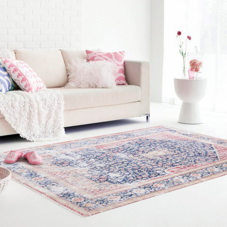 Navy Blue 6' 1 x 9' Boutique Rectangle Area Rug Chenille Polyester Cotton Traditional Oriental Inspired Classical Carpet for Living Rooms Dining Office Space Interior Design for Sale at Rug Engine