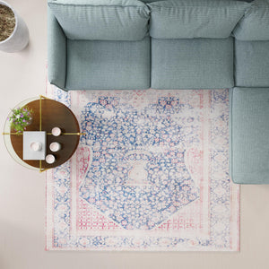 Navy Blue 7' 9 x 7' 9 Boutique Square Area Rug Chenille Polyester Cotton Traditional Oriental Inspired Classical Carpet for Living Rooms Dining Office Space Interior Design for Sale at Rug Engine