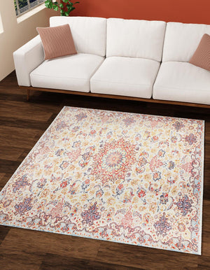 Beige 7' 9 x 7' 9 Boutique Square Area Rug Chenille Polyester Cotton Traditional Oriental Inspired Classical Carpet for Living Rooms Dining Office Space Interior Design for Sale at Rug Engine