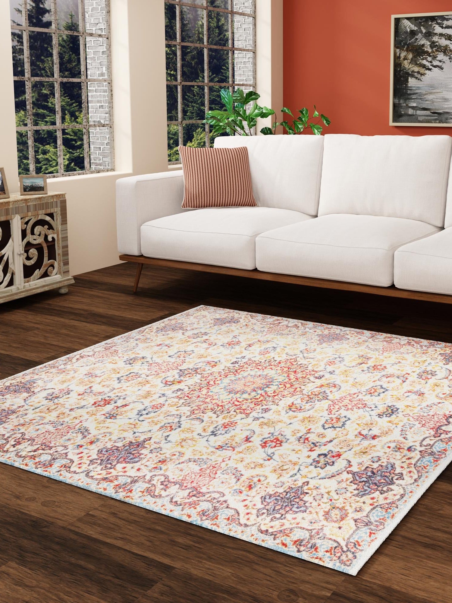 Beige 7' 9 x 7' 9 Boutique Square Area Rug Chenille Polyester Cotton Traditional Oriental Inspired Classical Carpet for Living Rooms Dining Office Space Interior Design for Sale at Rug Engine