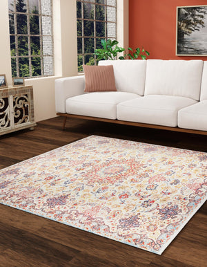 Beige 7' 9 x 7' 9 Boutique Square Area Rug Chenille Polyester Cotton Traditional Oriental Inspired Classical Carpet for Living Rooms Dining Office Space Interior Design for Sale at Rug Engine