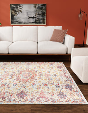 Beige 5' 1 x 5' 1 Boutique Square Area Rug Chenille Polyester Cotton Traditional Oriental Inspired Classical Carpet for Living Rooms Dining Office Space Interior Design for Sale at Rug Engine