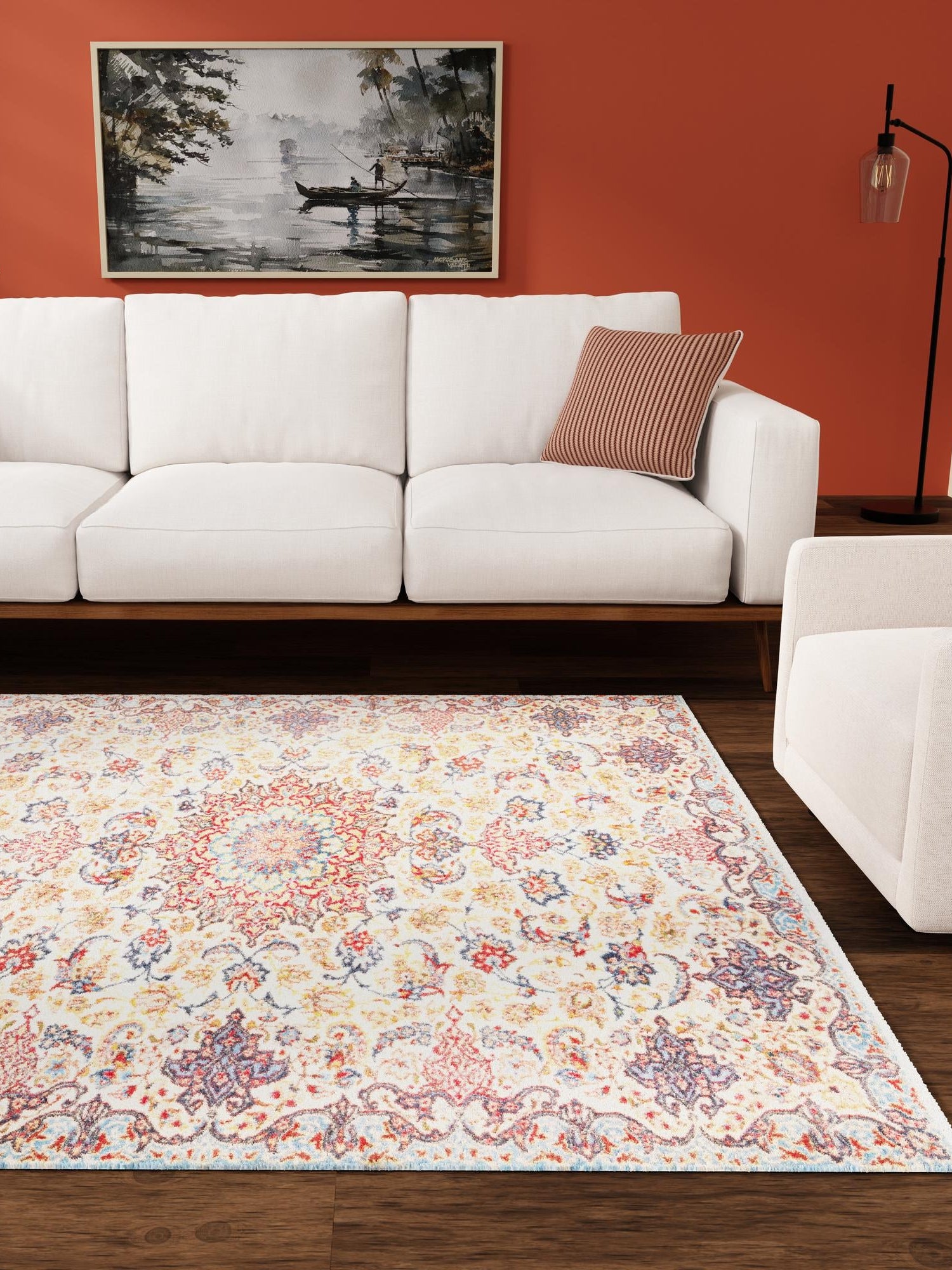 Beige 7' 9 x 7' 9 Boutique Square Area Rug Chenille Polyester Cotton Traditional Oriental Inspired Classical Carpet for Living Rooms Dining Office Space Interior Design for Sale at Rug Engine